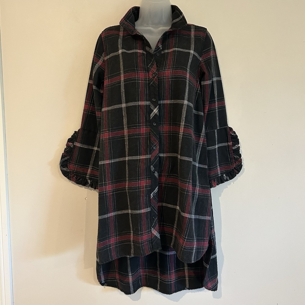 Dark Plaid Shirt Tunic Dress Sz S Ruffle Sleeve Collar Button Up